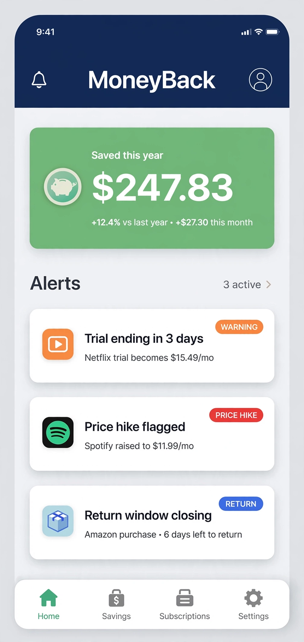 MoneyBack dashboard preview showing savings total and alerts